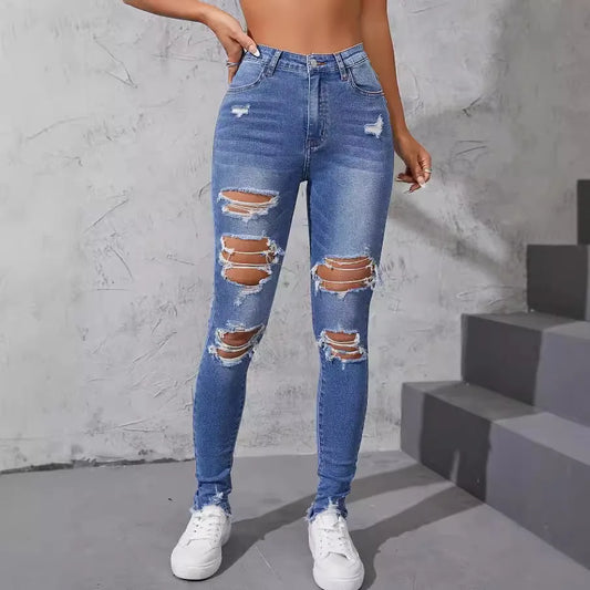 High-Waisted Distressed Skinny Jeans | Washed Street Style Denim