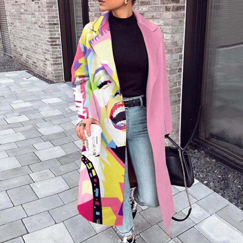 Vibrant Patchwork Print Button-Down Long Cardigan Coat