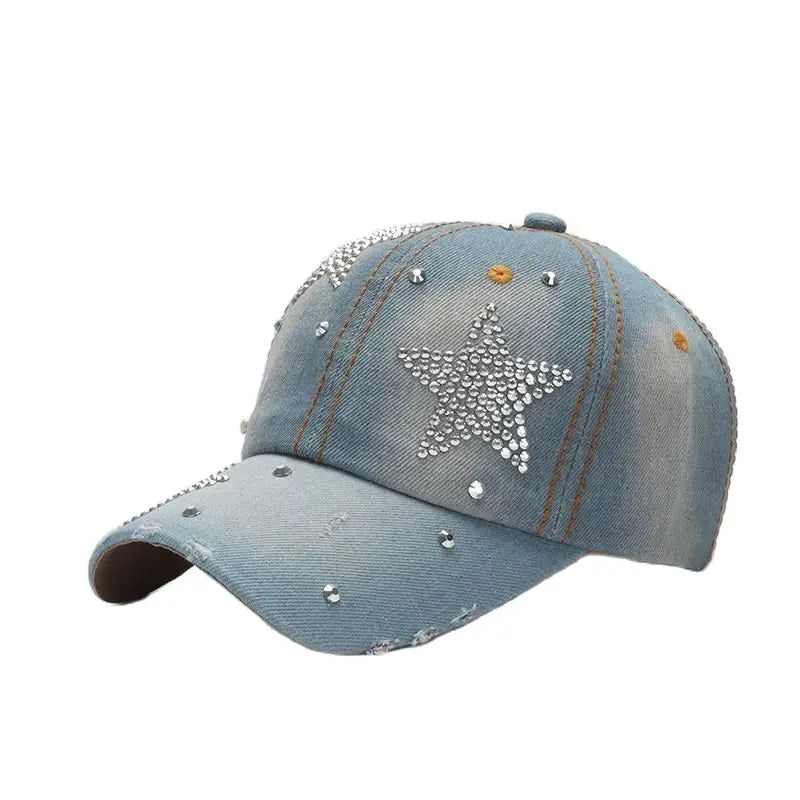 Vintage Star Embellished Denim Baseball Cap | Adjustable Casual Sun Hat