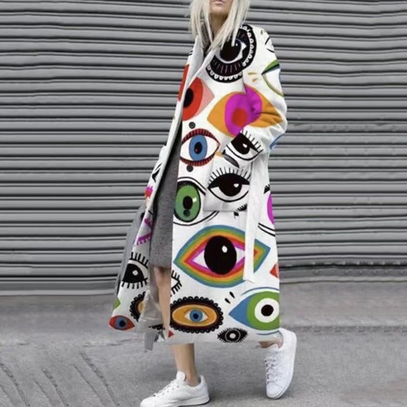 Vibrant Patchwork Print Button-Down Long Cardigan Coat
