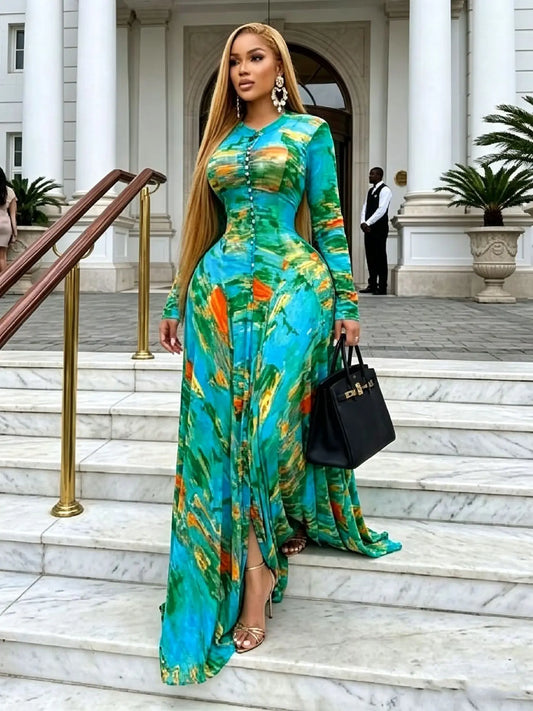 Olive Green Floral Pleated Maxi Dress