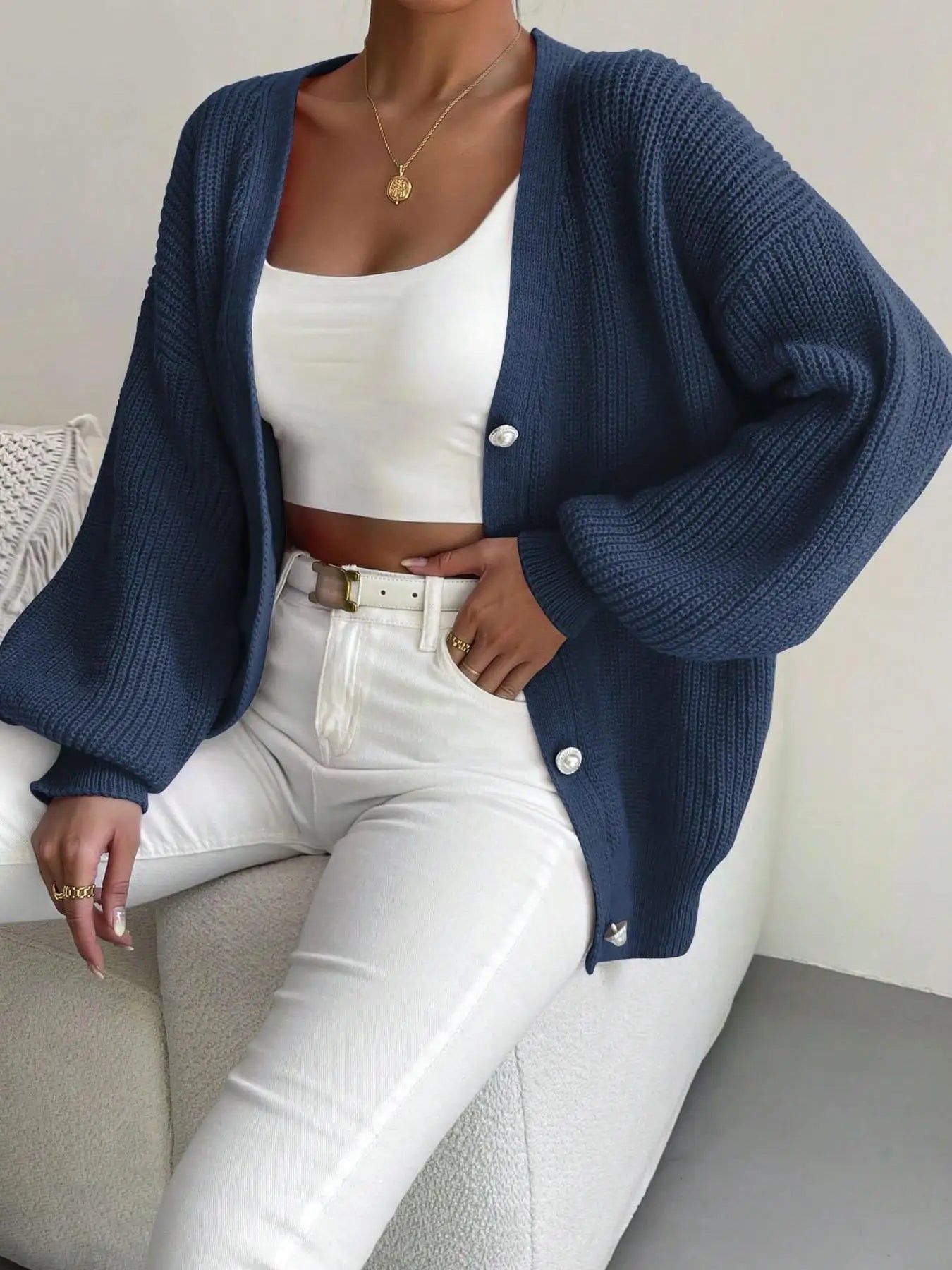 Women’s Plus Size V-Neck Knit Sweater | Cozy Puff Sleeve Fall Pullover