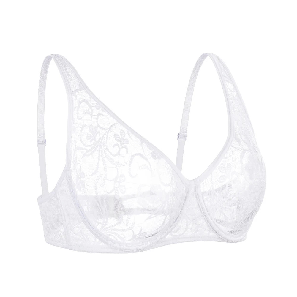Sheer Embroidered Lace Plunge Underwire Bra