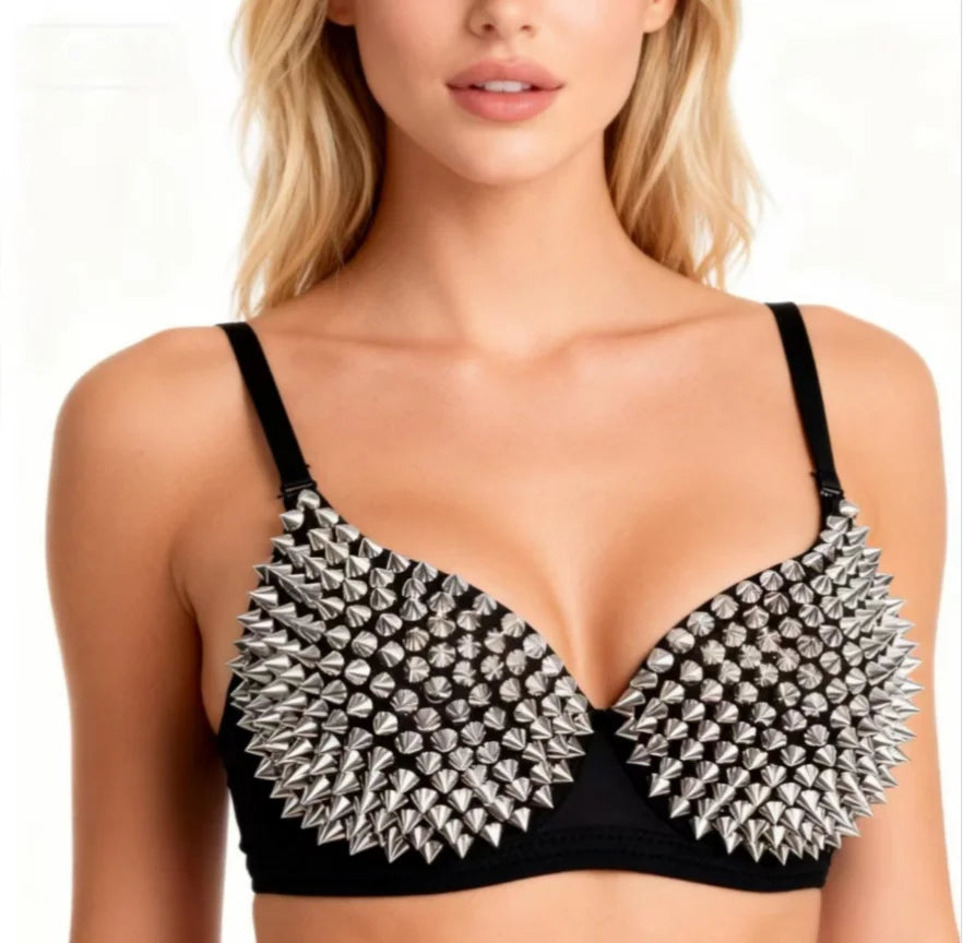 Silver Rivets Punk Rave Gothic Push-Up Bralette Crop Top