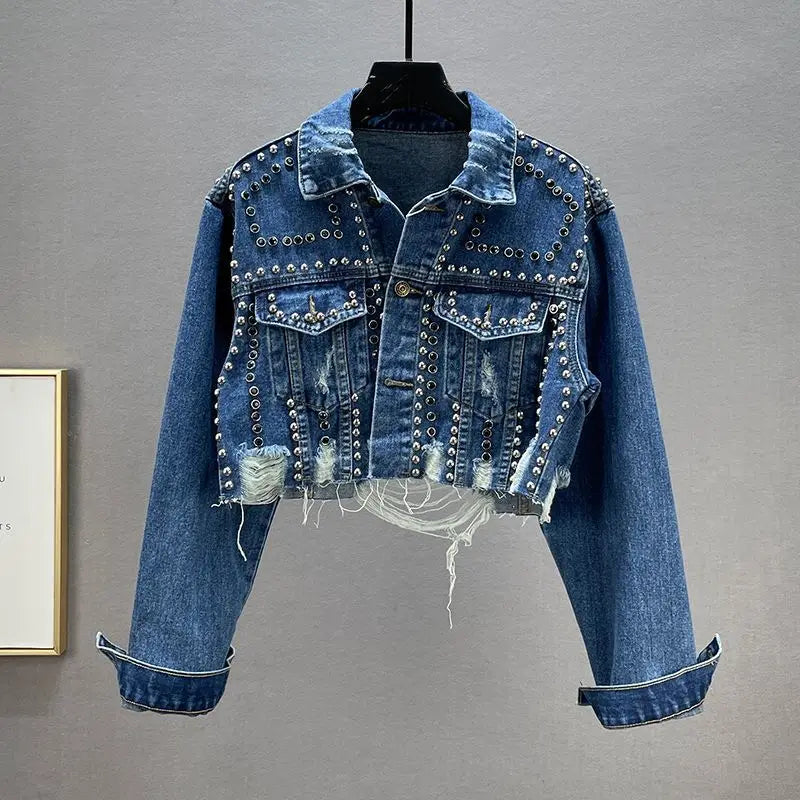 Vintage Y2K Rivet & Diamond Embellished Denim Jacket | Distressed Beaded Jean Coat