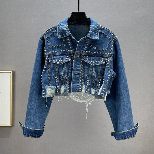 Vintage Y2K Rivet & Diamond Embellished Denim Jacket | Distressed Beaded Jean Coat