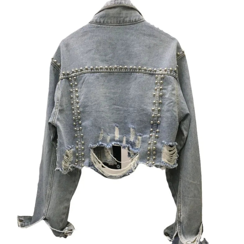 Vintage Y2K Rivet & Diamond Embellished Denim Jacket | Distressed Beaded Jean Coat
