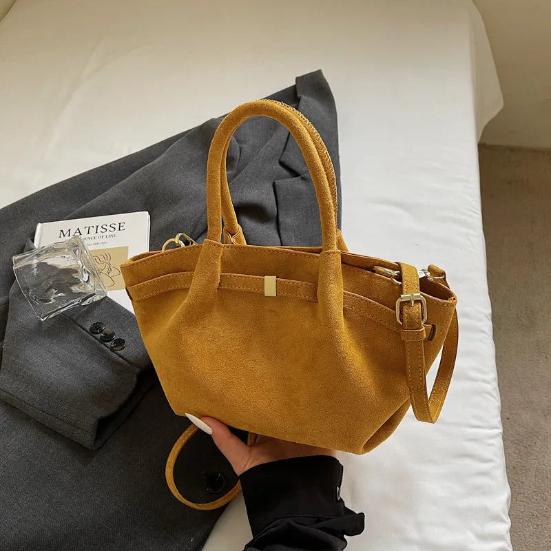 Vintage Matte Suede Belted Shoulder Tote Bag