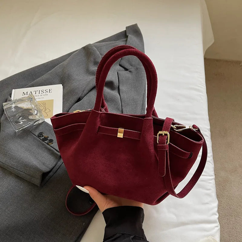 Vintage Matte Suede Belted Shoulder Tote Bag