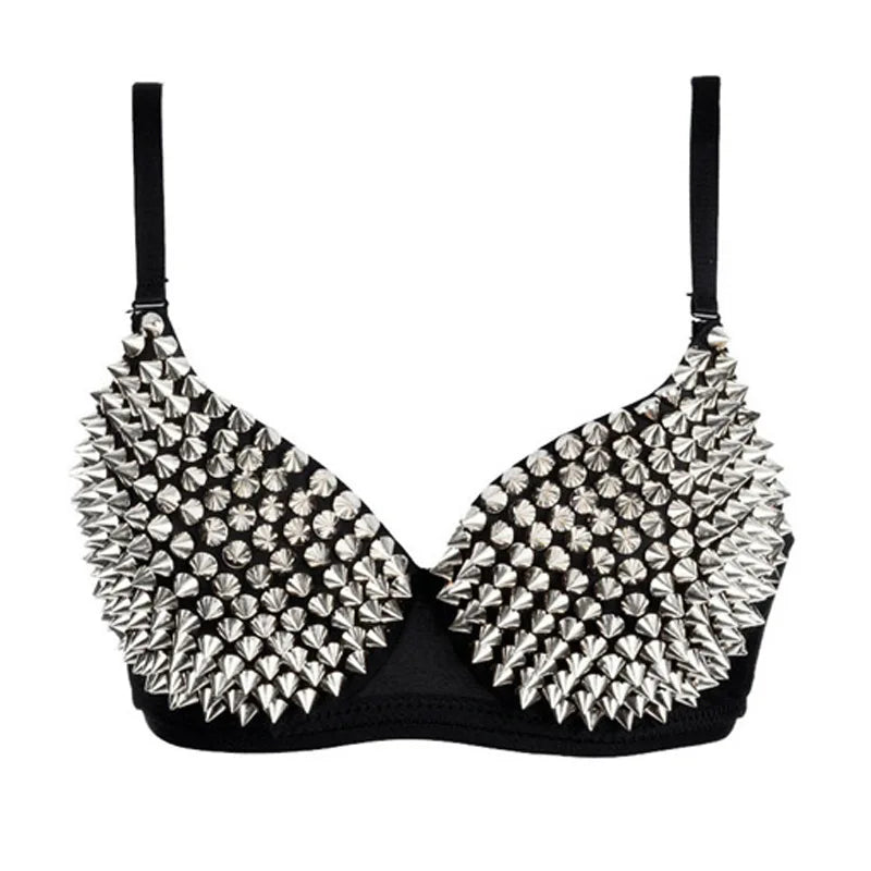 Silver Rivets Punk Rave Gothic Push-Up Bralette Crop Top