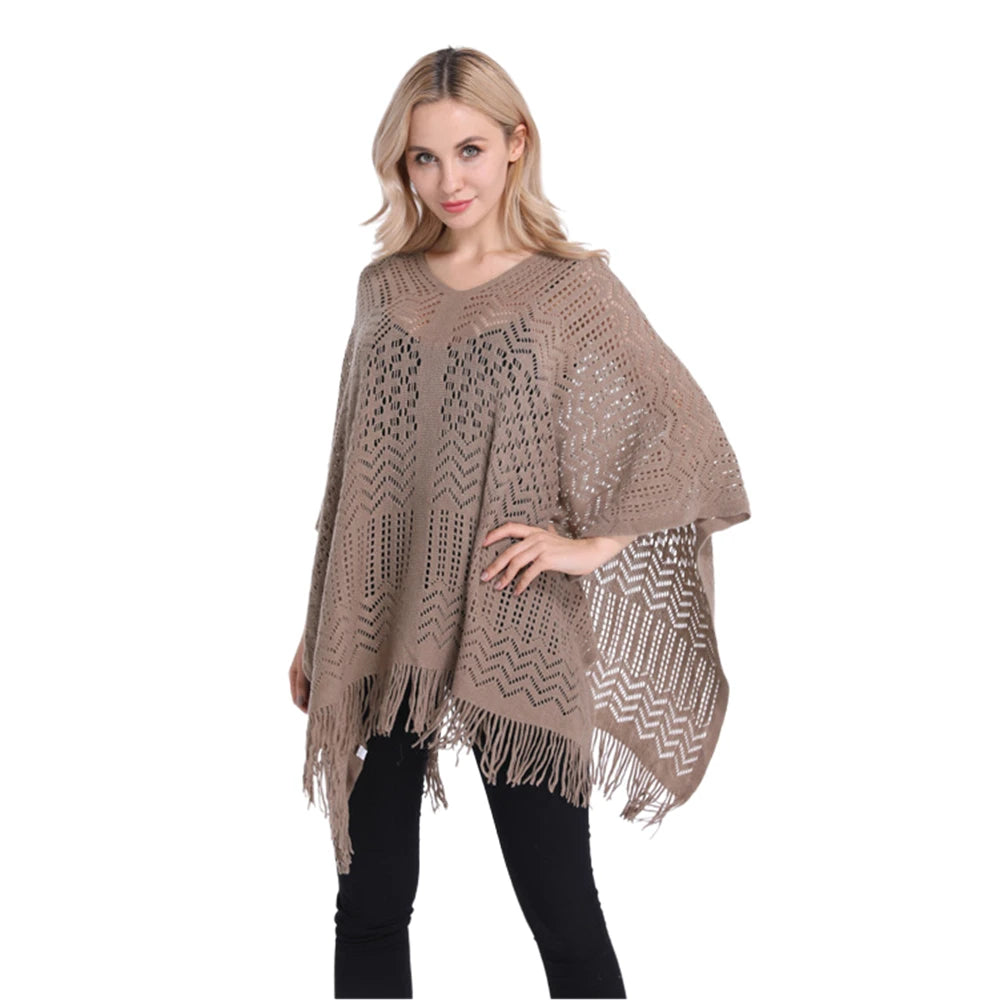 Women’s Two-Way Knitted Poncho Sweater – Hollow-Out Fringe Tassel Shawl Wrap