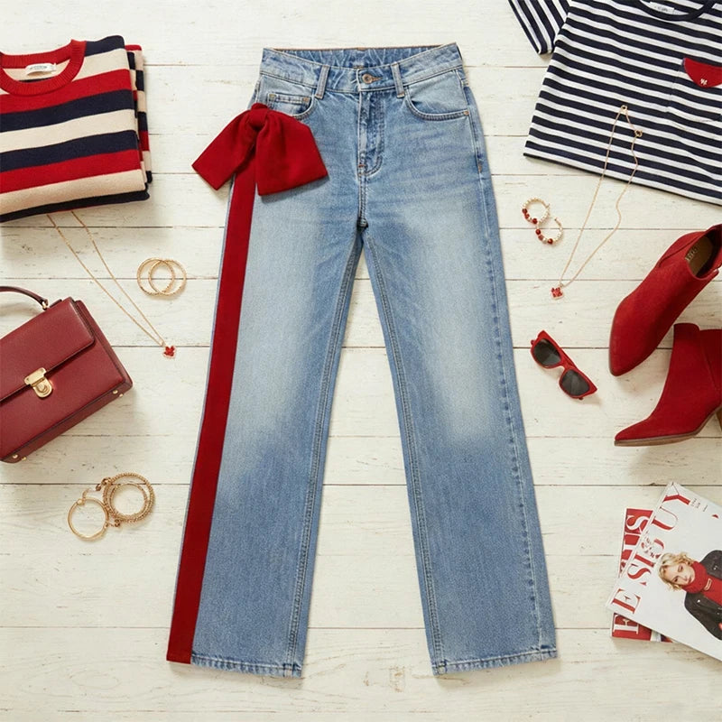 Bow-Embellished Wide-Leg Jeans | Artistic Retro Going-Out Denim