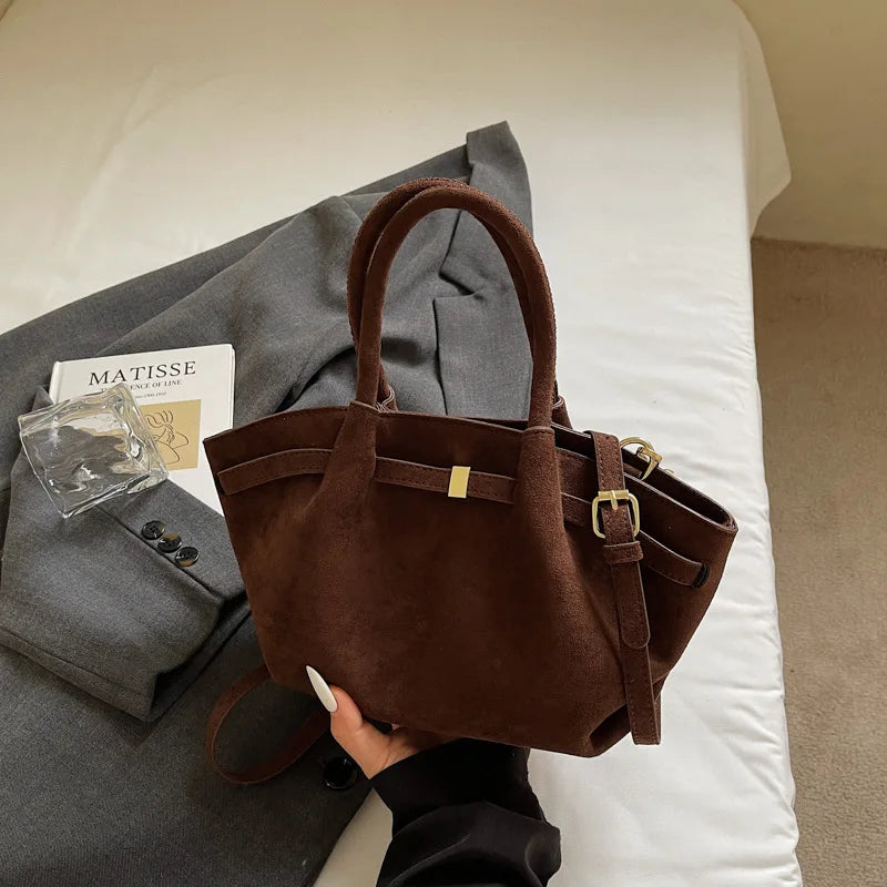 Vintage Matte Suede Belted Shoulder Tote Bag