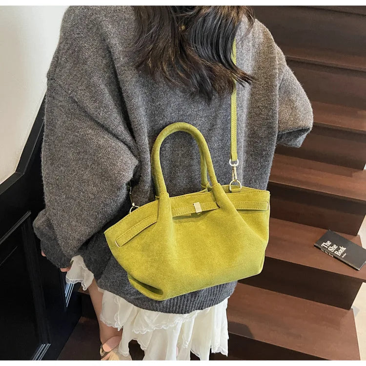 Vintage Matte Suede Belted Shoulder Tote Bag