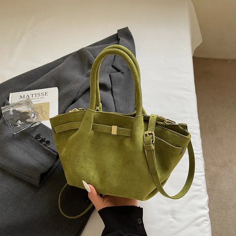 Vintage Matte Suede Belted Shoulder Tote Bag