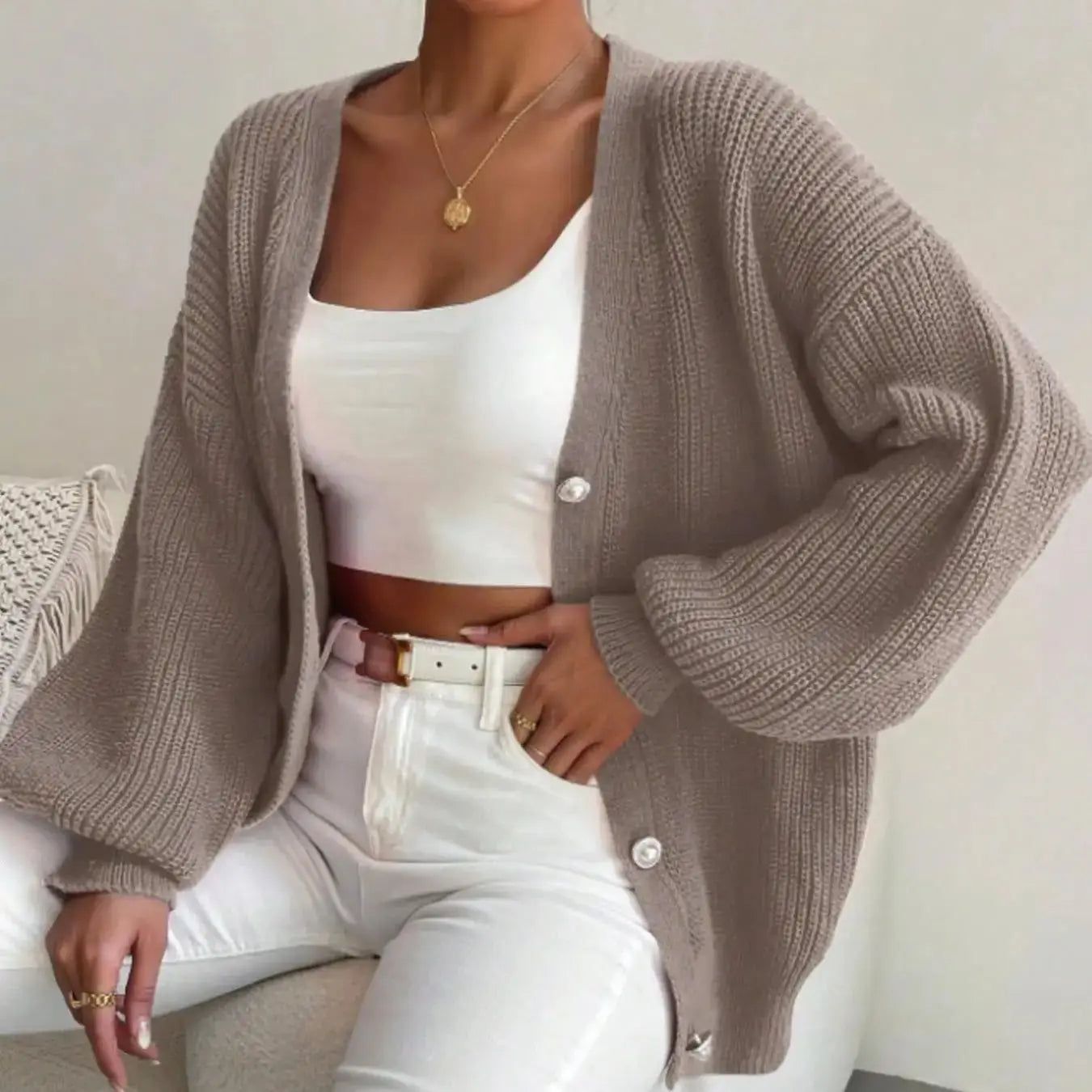 Women’s Plus Size V-Neck Knit Sweater | Cozy Puff Sleeve Fall Pullover