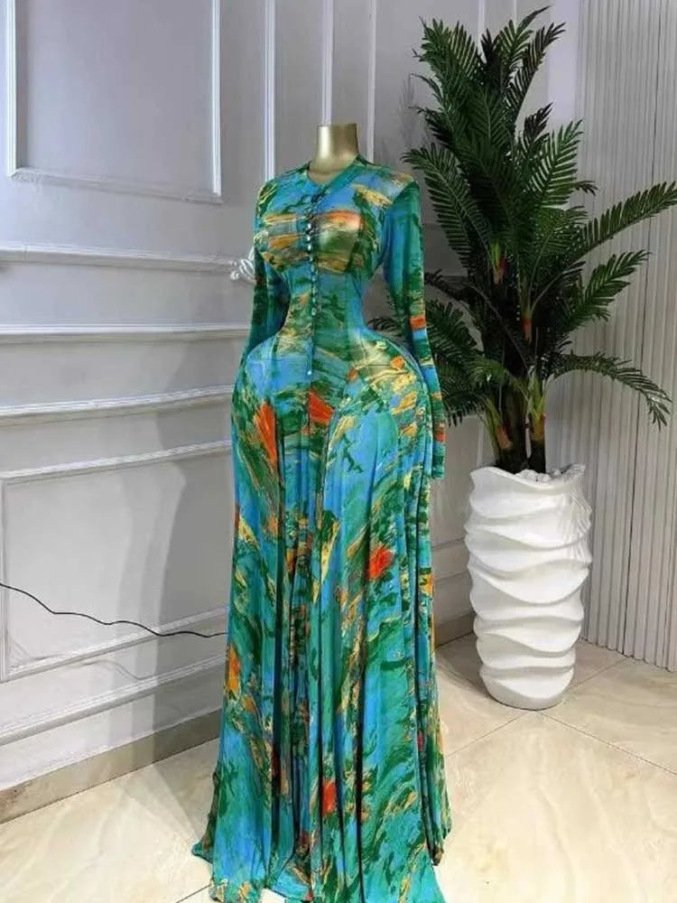 Olive Green Floral Pleated Maxi Dress