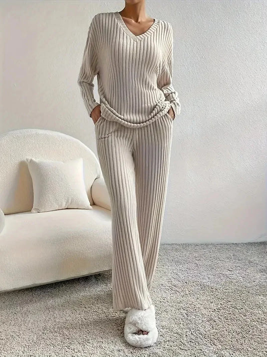 Ribbed Knit V-Neck Sweater & Straight-Leg Pants 2-Piece Lounge Set