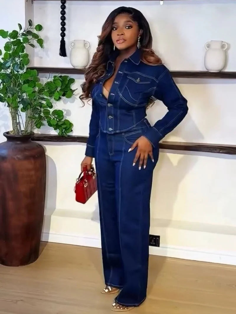 Chic Casual Denim-on-Denim Long Sleeve Shirt & Straight Pant Set