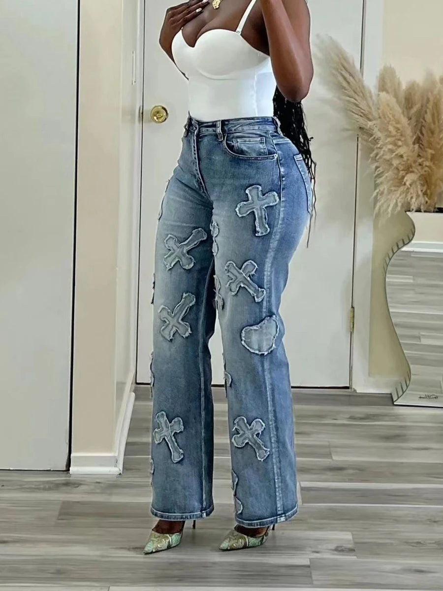 Vintage Washed Tassel Cross Straight-Leg Jeans