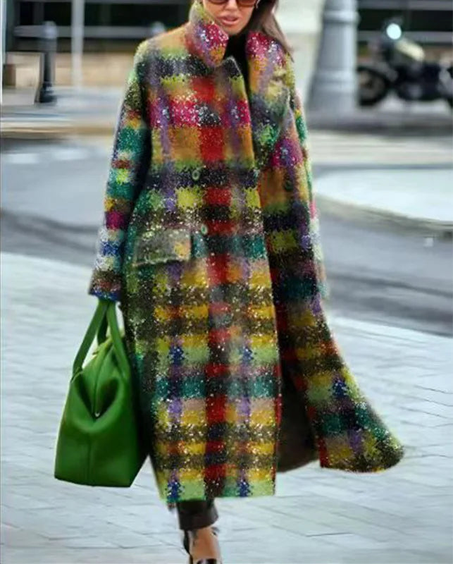 Vibrant Patchwork Print Button-Down Long Cardigan Coat