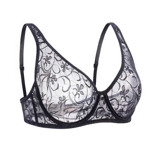 Sheer Embroidered Lace Plunge Underwire Bra