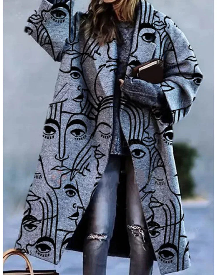 Vibrant Patchwork Print Button-Down Long Cardigan Coat