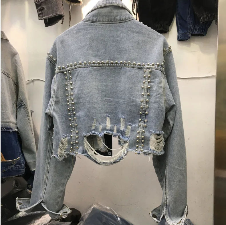 Vintage Y2K Rivet & Diamond Embellished Denim Jacket | Distressed Beaded Jean Coat