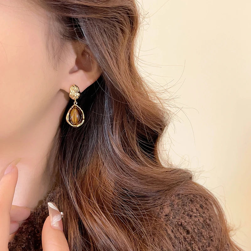 Vintage Waterdrop Tiger’s Eye Drop Earrings | Gold-Plated Statement Jewelry
