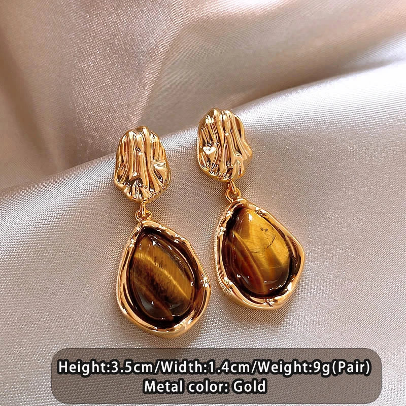 Vintage Waterdrop Tiger’s Eye Drop Earrings | Gold-Plated Statement Jewelry