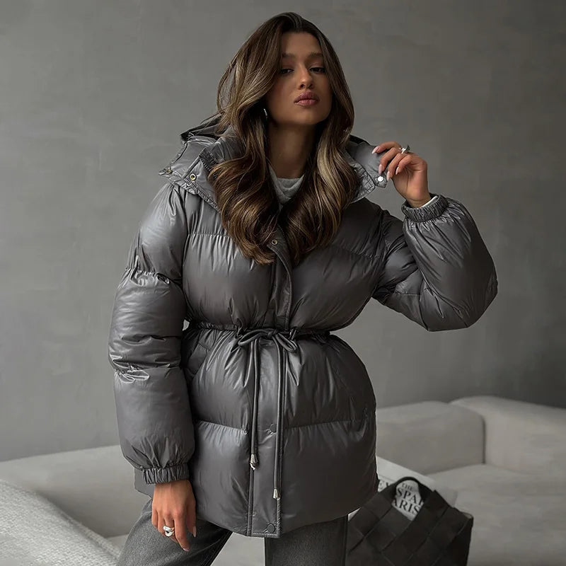 Women's Thick Padded Stand-Collar Winter Jacket with Tie Belt