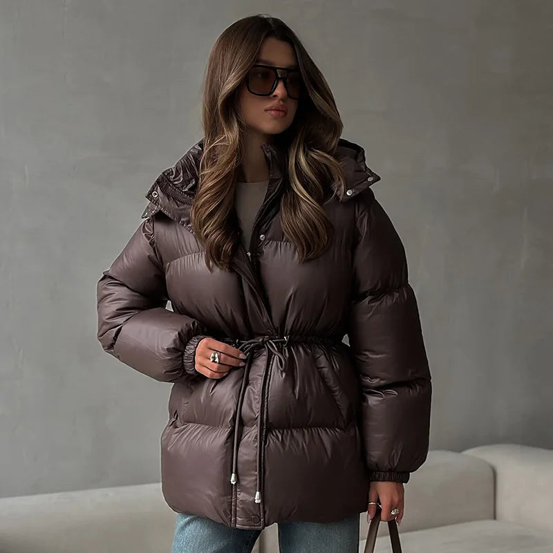 Women's Thick Padded Stand-Collar Winter Jacket with Tie Belt