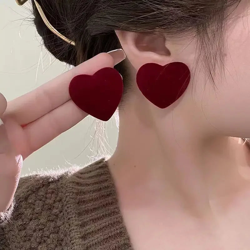 Velvet Heart Stud Earrings in Wine Red