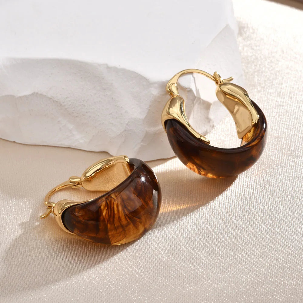 Caramel Brown Resin U-Shaped Hoop Earrings | Vintage Geometric Huggie Buckles