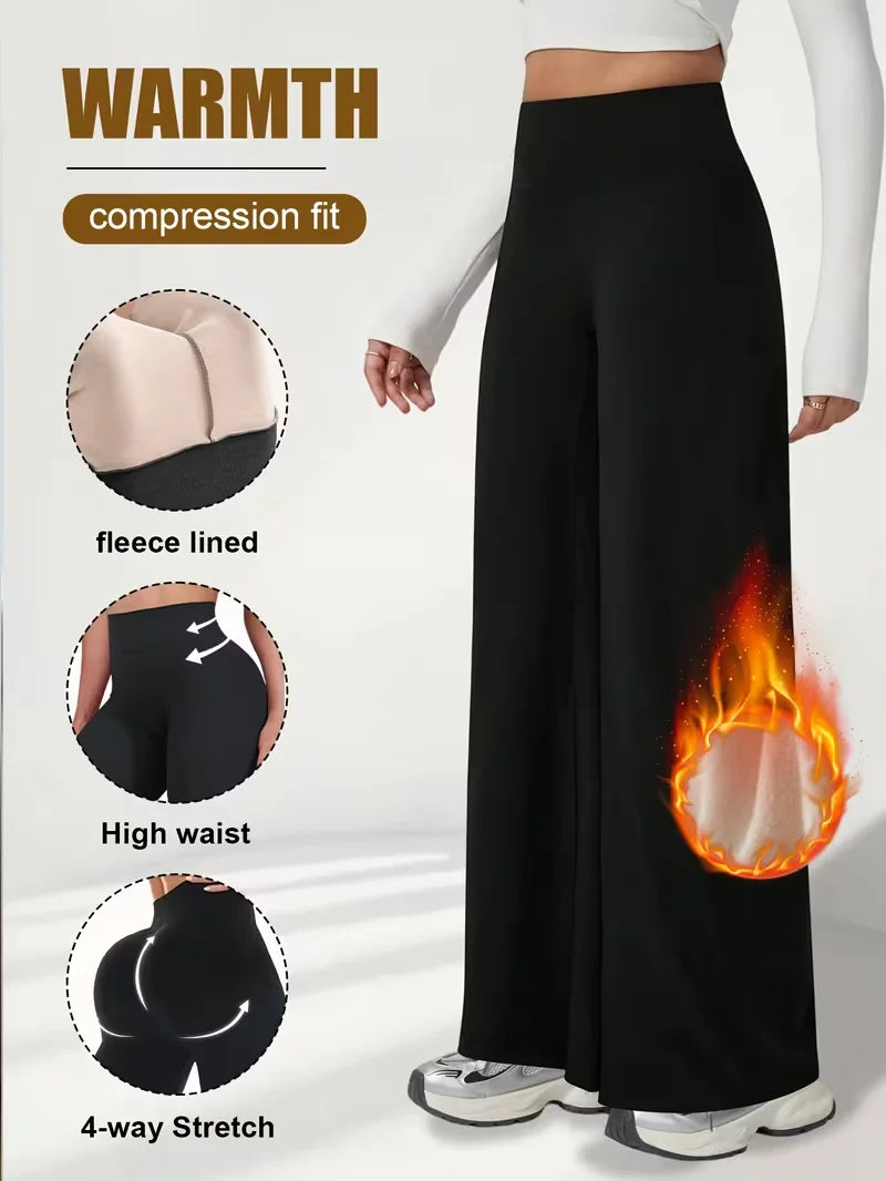 Women's Plush High-Waisted Wide-Leg Warm Winter Pants