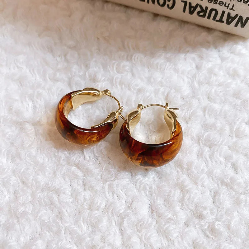 Caramel Brown Resin U-Shaped Hoop Earrings | Vintage Geometric Huggie Buckles