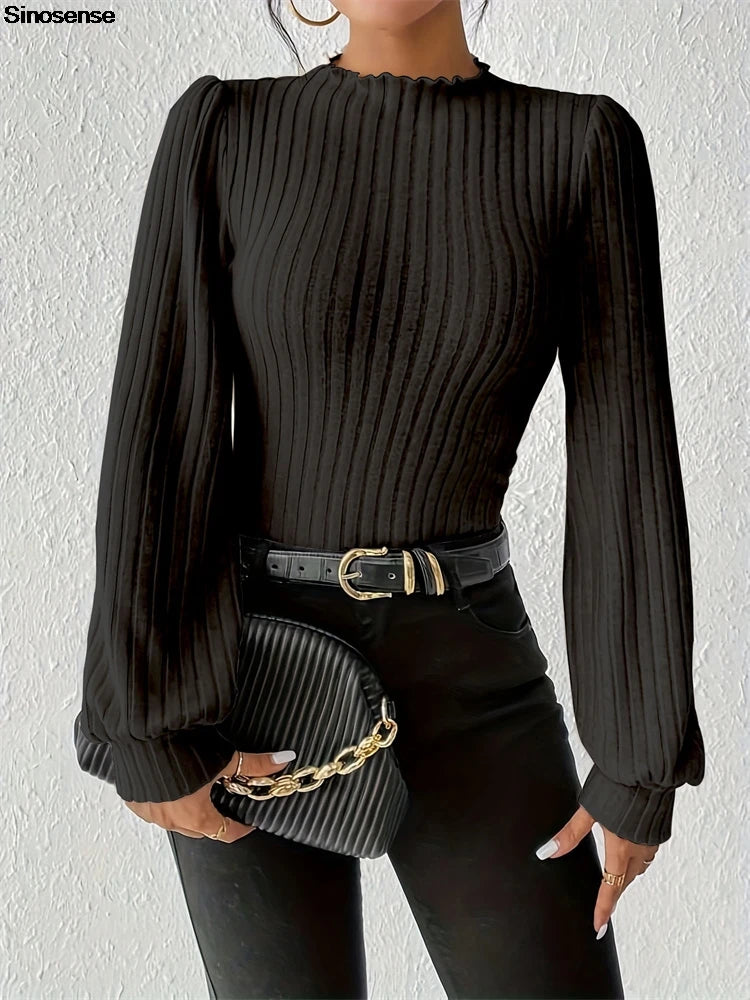 Lantern Sleeve Ribbed Knit Bodysuit | Slim Stretch Fall Leotard Top