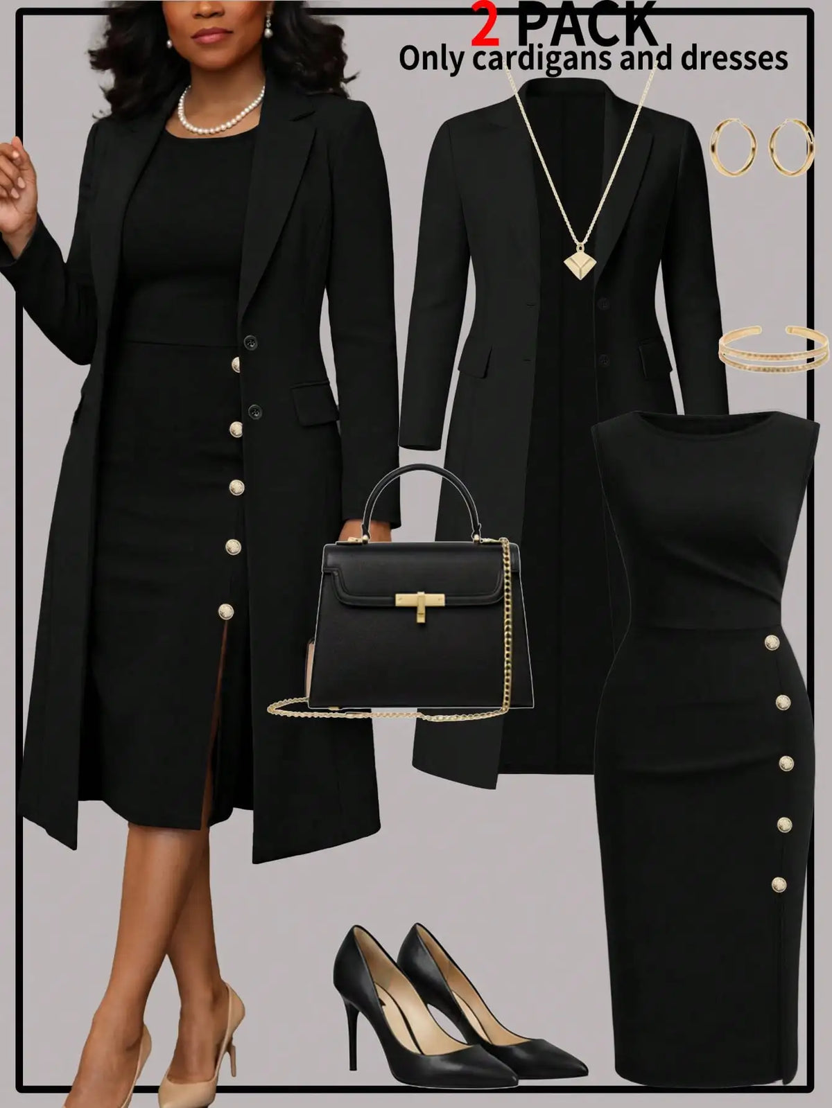 The Sophisticated Knit Duster & Buttoned Midi Dress Set