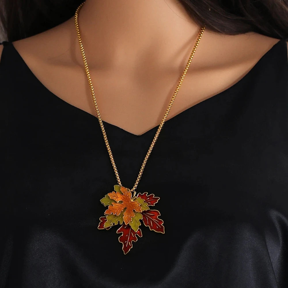 Vintage Maple Leaf Pendant Necklace | Long Autumn & Winter Sweater Chain
