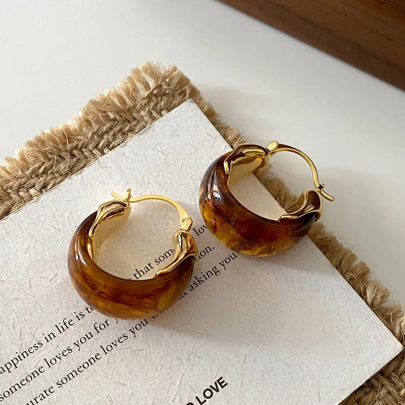 Caramel Brown Resin U-Shaped Hoop Earrings | Vintage Geometric Huggie Buckles