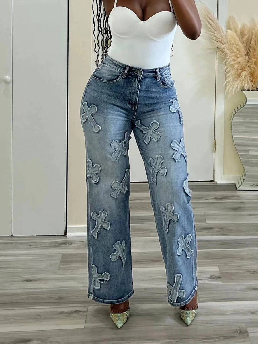 Vintage Washed Tassel Cross Straight-Leg Jeans