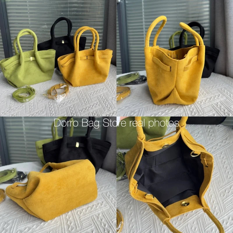 Vintage Matte Suede Belted Shoulder Tote Bag