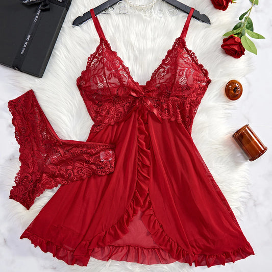 Sheer Lace V-Neck Sleeveless Full Slip Nightdress