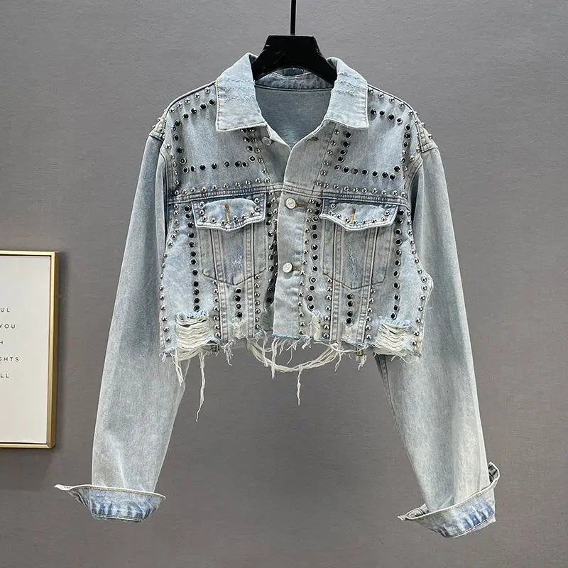 Vintage Y2K Rivet & Diamond Embellished Denim Jacket | Distressed Beaded Jean Coat
