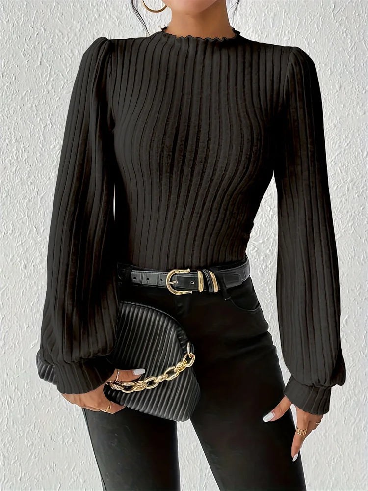 Lantern Sleeve Ribbed Knit Bodysuit | Slim Stretch Fall Leotard Top