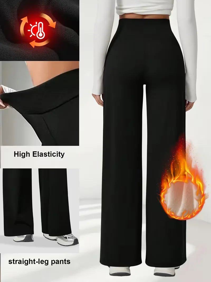 Women's Plush High-Waisted Wide-Leg Warm Winter Pants
