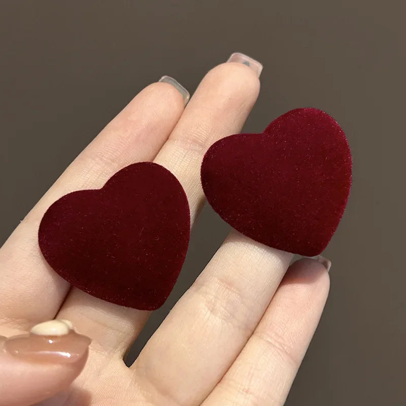 Velvet Heart Stud Earrings in Wine Red