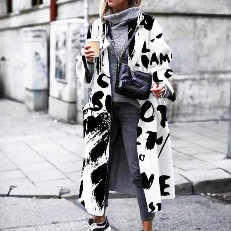 Vibrant Patchwork Print Button-Down Long Cardigan Coat
