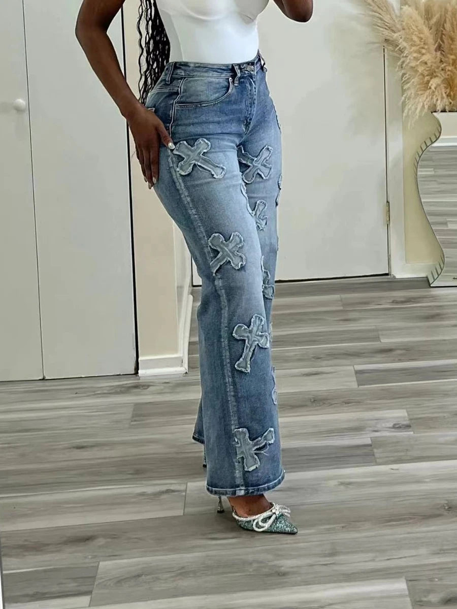 Vintage Washed Tassel Cross Straight-Leg Jeans
