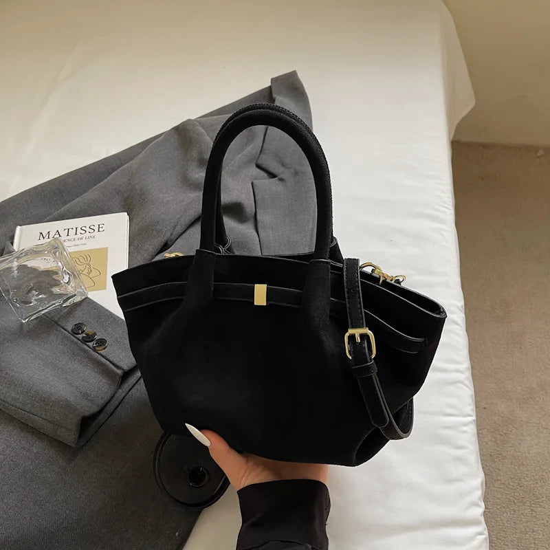 Vintage Matte Suede Belted Shoulder Tote Bag